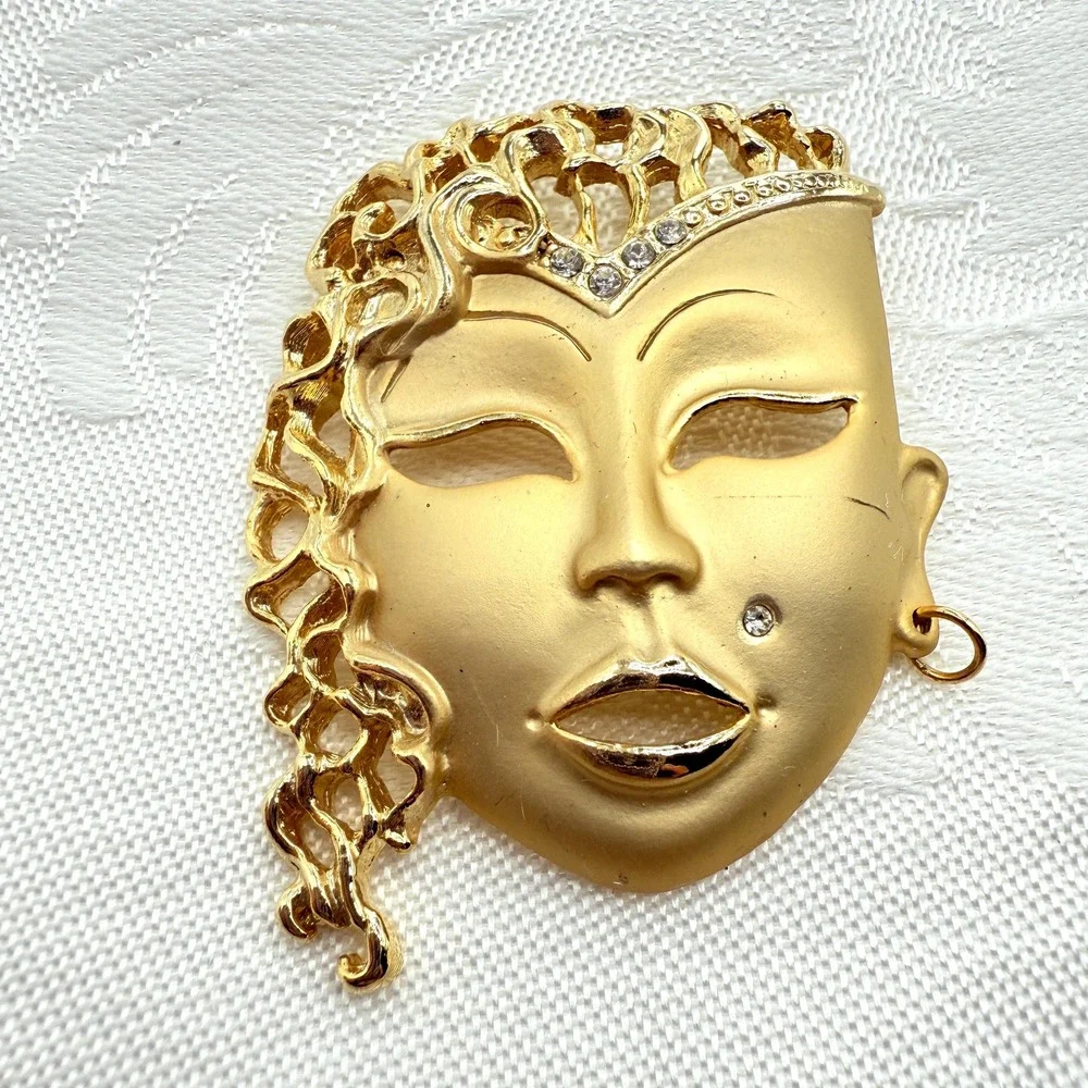 Vintage Gold Tone Theater Mask Woman Face Brooch w/ Rhinestones and Flowing Hair